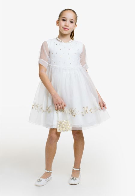 Embellished Gathered Waist Organza Dress