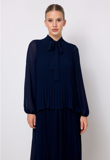 Pleated Long Sleeves Solid Blouse