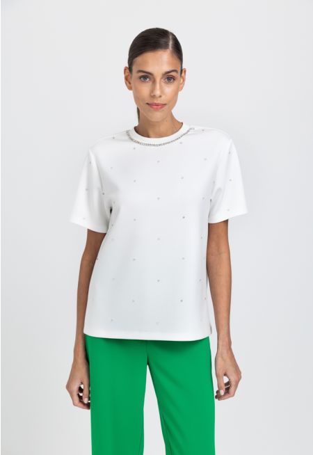 Crystal Embellished Solid T-Shirt