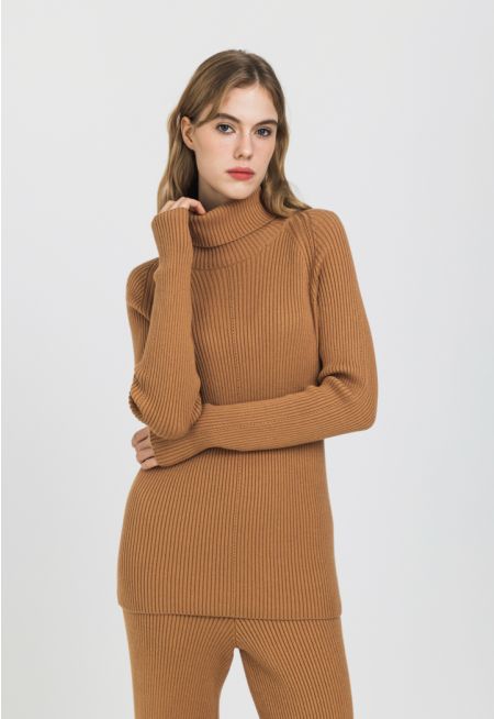 High Neck Knitted Ribbed Sweater