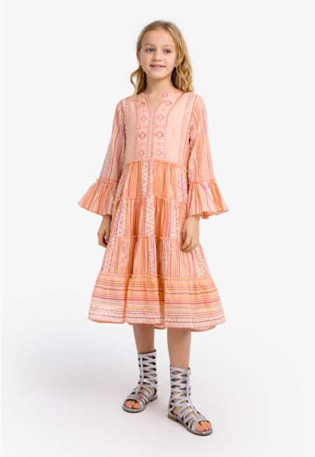 Striped Lurex Tiered Ruffled Dress