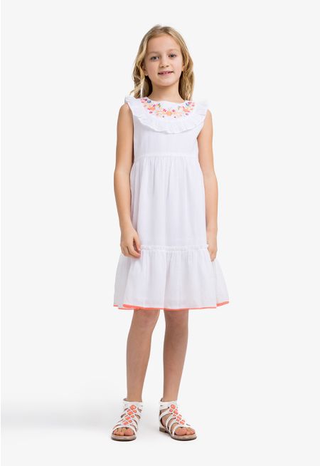 Embroidered Textured Ruffled sleeveless Dress