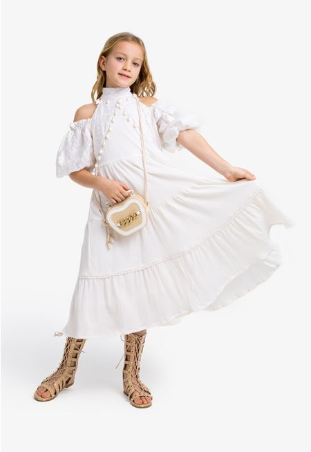 Cold Shoulder Puff Sleeves Tiered Dress