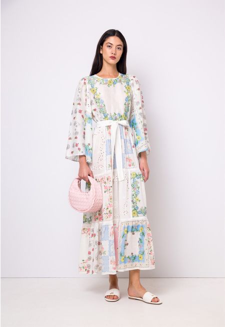 Schiffli Tiered Belted Printed Maxi Dress