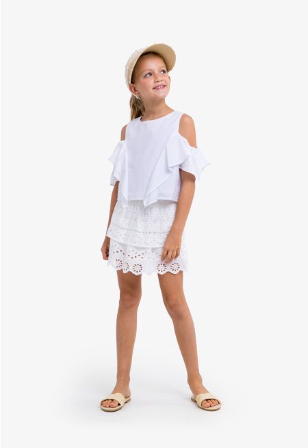 Solid Tiered Schiffli Mini Skirt 