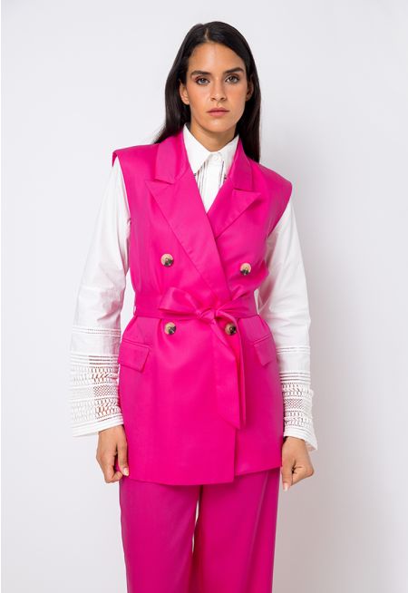 Double Breasted Notched Collar Belted Gilet