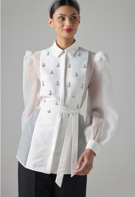 Organza Details Crystal Embellished Shirt 