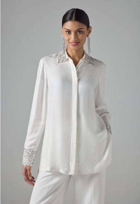 Solid Long Sleeve Crystal Embellished Shirt