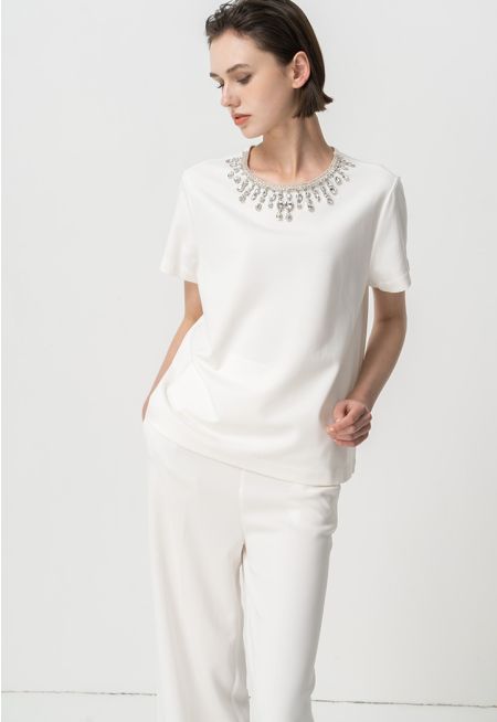 Single Tone Embellished Rhinestone Knitted Blouse