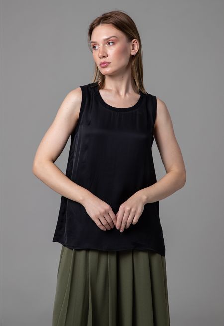 Shiny Satin Basic Top With Ribbed Neckline