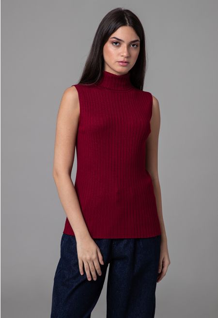 Ribbed Knitted Textured High Neck Basic Top