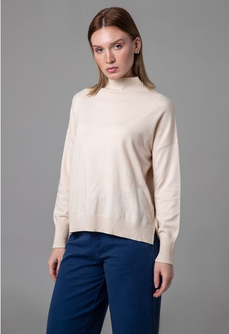 Ribbed High Neckline Hi-Low Hem Basic Top