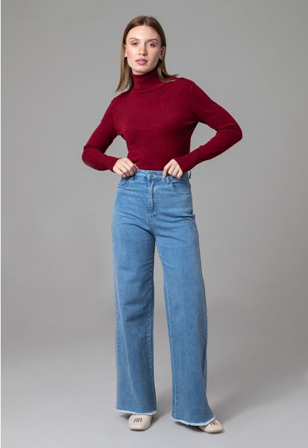 High Rise Wide Leg Cut Frayed Hem Denim Jeans