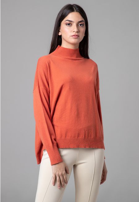 Ribbed High Neckline Hi-Low Hem Basic Top