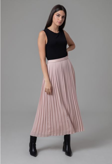 All Over Pleated Lined Ribbed Waist Skirt