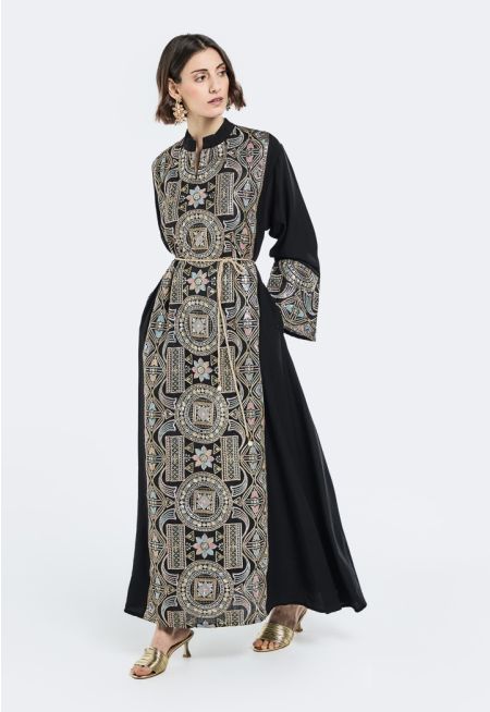 Embroidered Lurex Belted Maxi Abaya
