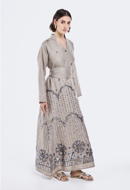 Embroidered V-Neck Belted Dress- Ramadan Style