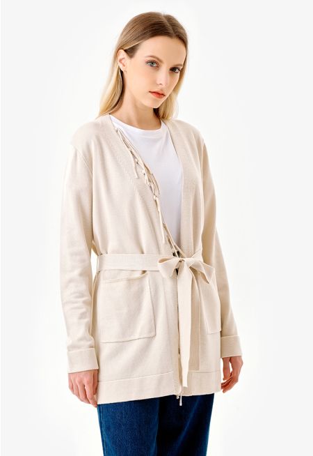 Front Hem Tassels Solid Cardigan