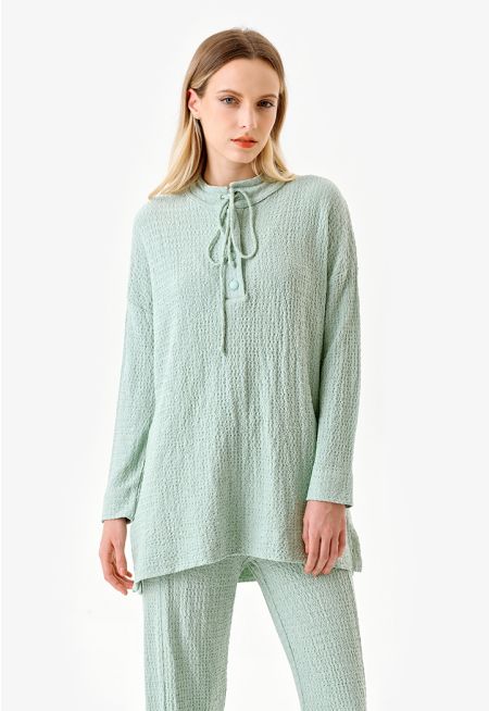 Solid Knitted Texture String Neckline Blouse