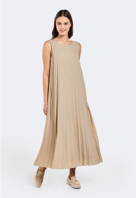 Pleated Sleeveless A-Line Dress