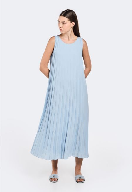 Pleated Sleeveless A-Line Dress