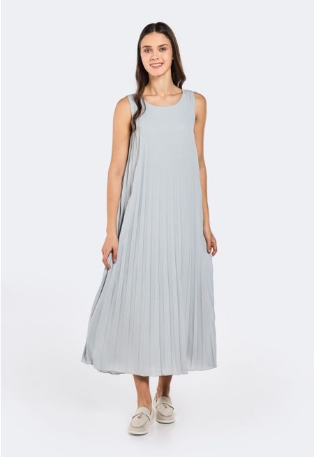 Pleated Sleeveless A-Line Dress