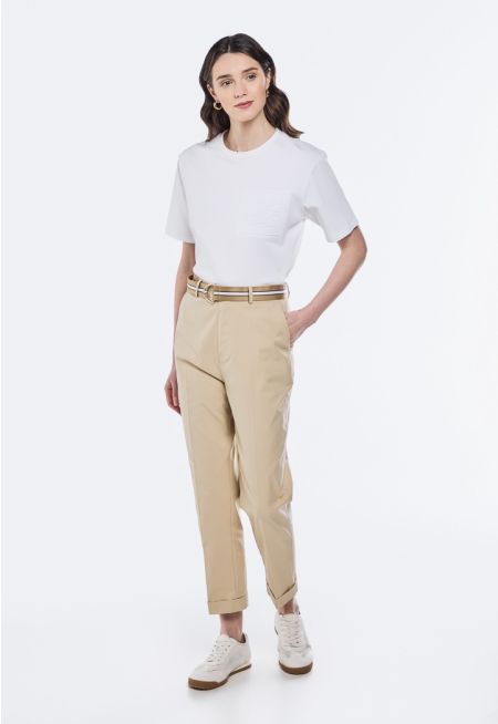 Solid Folded Hem Trousers
