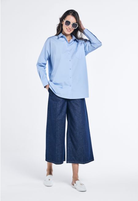 Solid Denim Palazzo Trousers