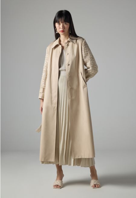 Long Sleeve Sequin Belted Trench Coat - Ramadan Style