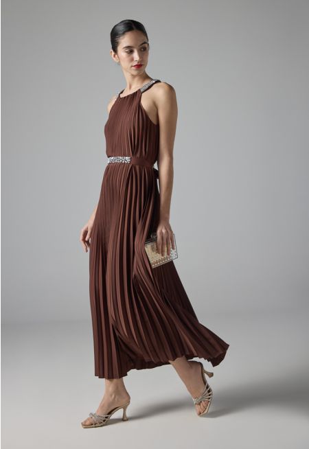 Solid Pleated Sleeveless Dress