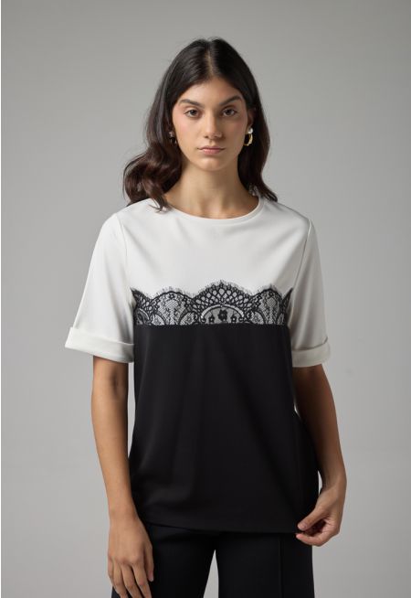 Contrast Short Sleeves Lace Detail T-Shirt