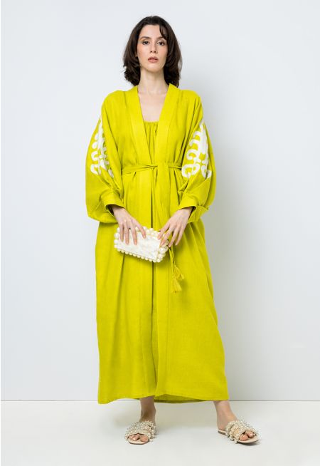 Solid Kimono Sleeves Belted Abaya