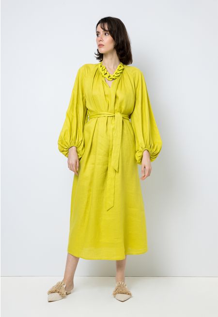 Solid Long Balloon Sleeves Belted Dress