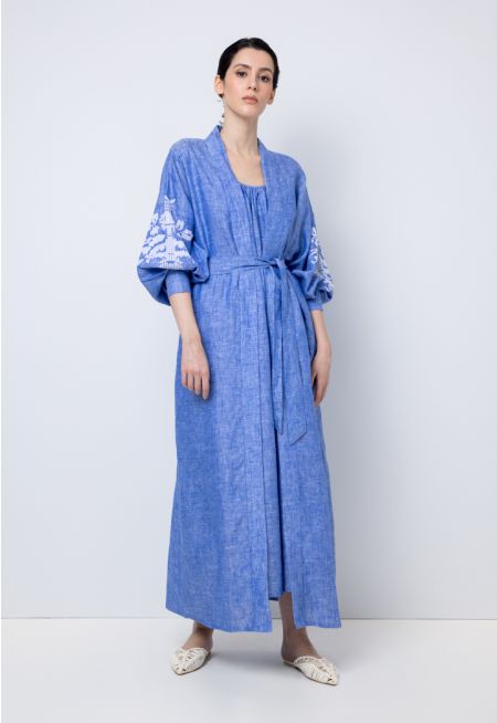 Solid Embroidered Belted Maxi Abaya