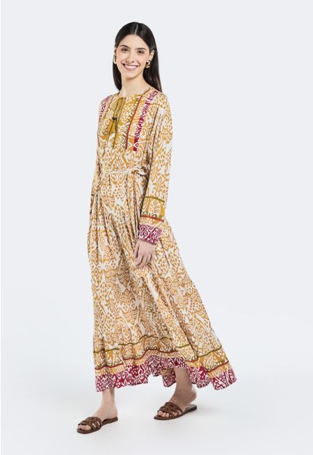 Printed Tiered Belted Dress