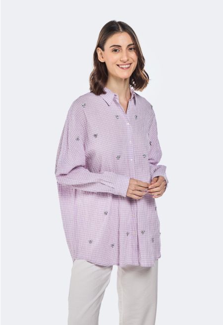 Check Pattern Crystal Embellished Shirt 