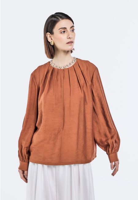 Ribbed Pleated Neck Blouse