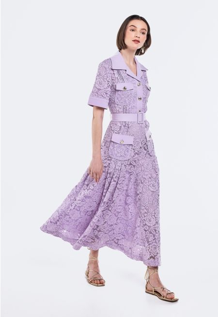 Floral Lace Pleated Midi Dress