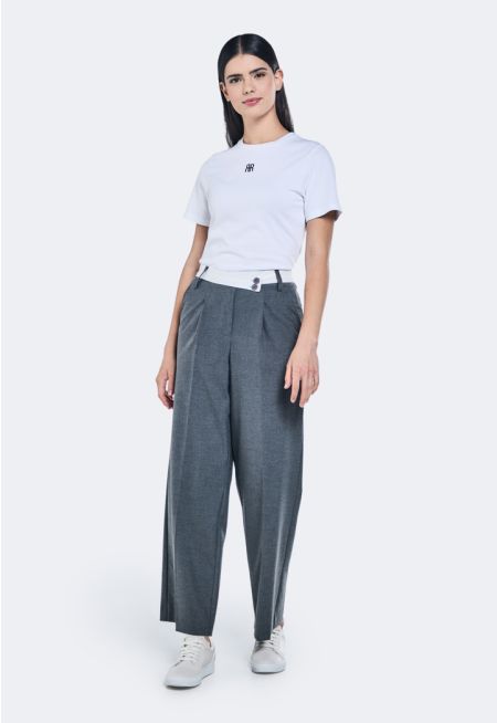 Contrast Waistband Wide Leg Trousers