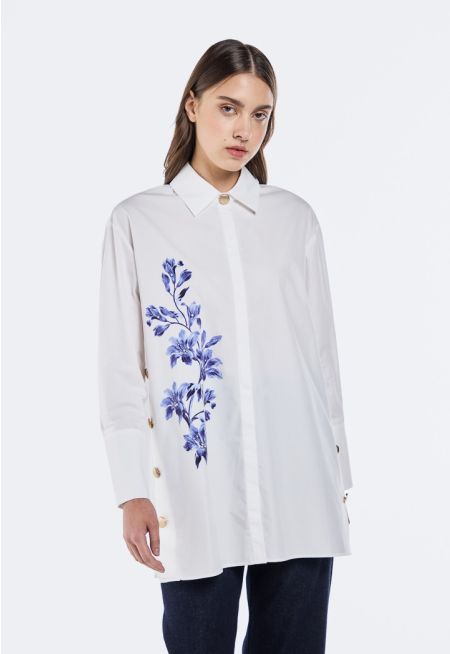 Button- Embellished Floral Motif Shirt