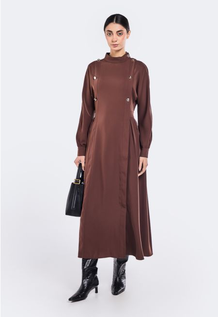 Button Embellished Pleated Dress