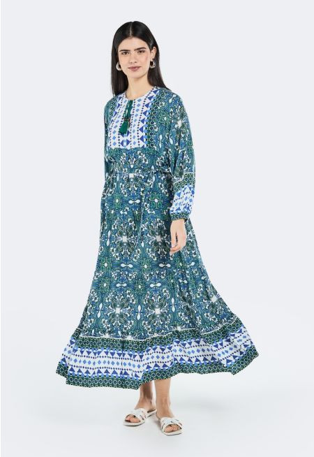 Printed Tiered Belted Dress
