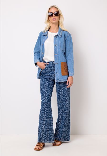 Monogram Print Wide Leg Denim Trouser