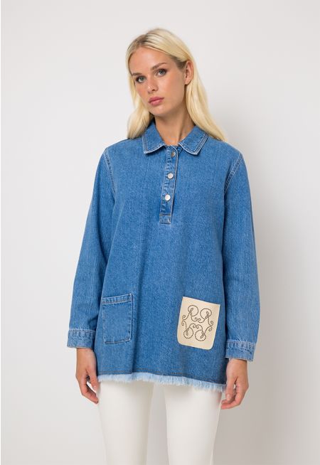 Fringe Denim Patch Pocket Pullover