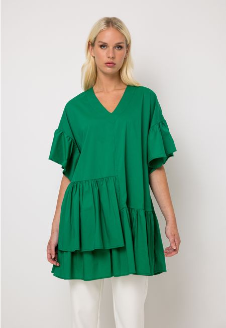 Flared Sleeve Ruffled V-Neck Blouse