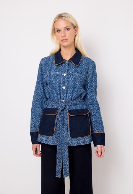 Monogram Print Belted Flap Pocket Jacket