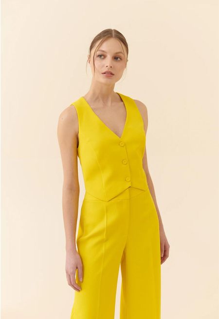 Roman Solid Buttoned Crepe Vest Yellow
