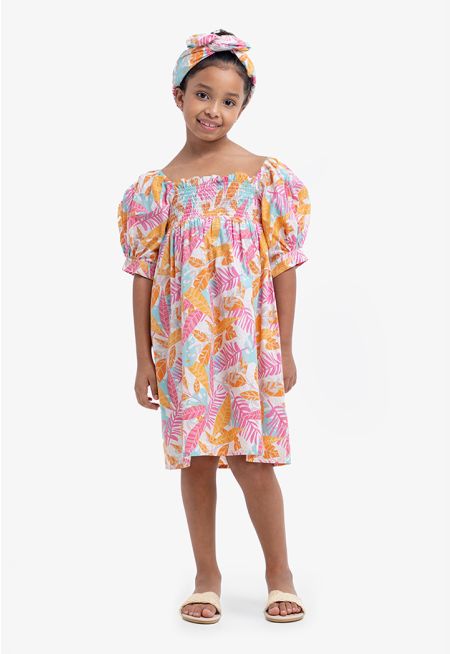 Colourful Puff Sleeves Smocked Dress