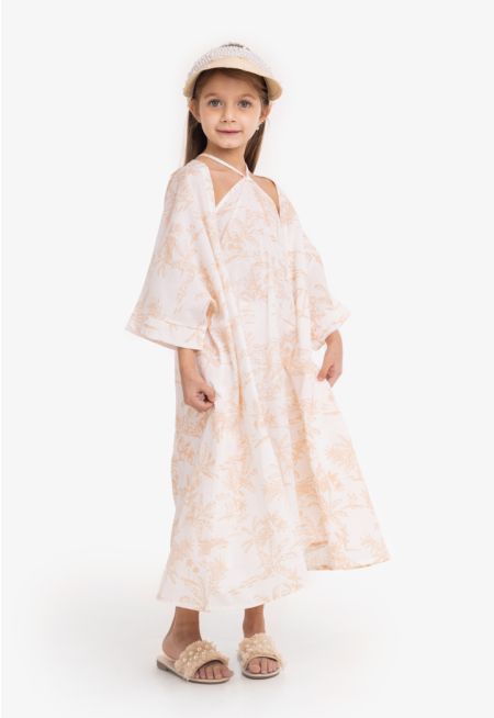 Strap Neck Printed Dress & Abaya Set