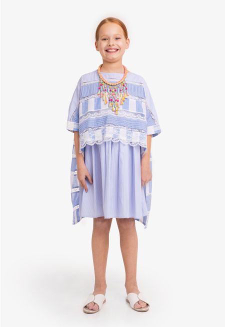 Striped Lace Pintuck Dress & Cape Set